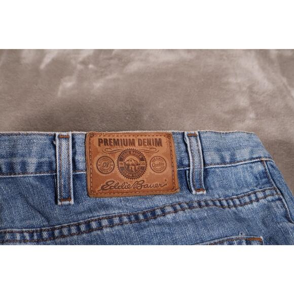 Eddie Bauer Jeans Mens 44x36 Blue Classic Fit Premium Denim Distressed Raw Hem - Picture 7 of 9